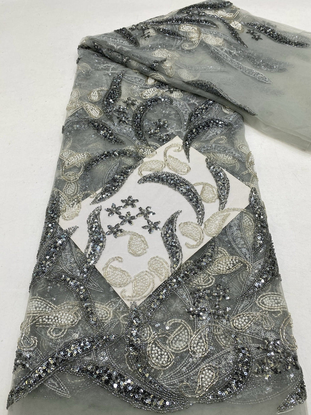Heavy Paisley Sequin & Bugle-Bead Embroidered Bridal Fabric — fabric photo 6
