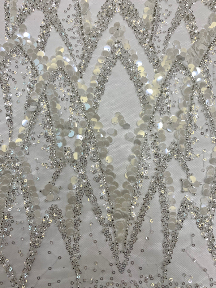 3/7 mm Sequin & Silver-Bead Embroidered Bridal Fabric – Design 18911 — fabric photo 2