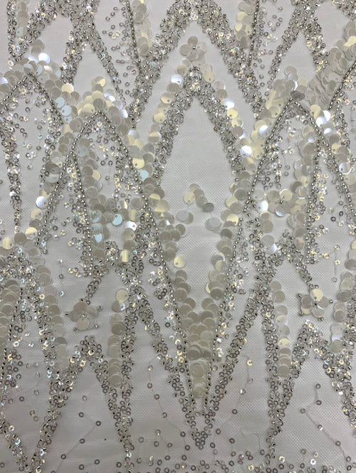 3/7 mm Sequin & Silver-Bead Embroidered Bridal Fabric – Design 18911 — fabric photo 2