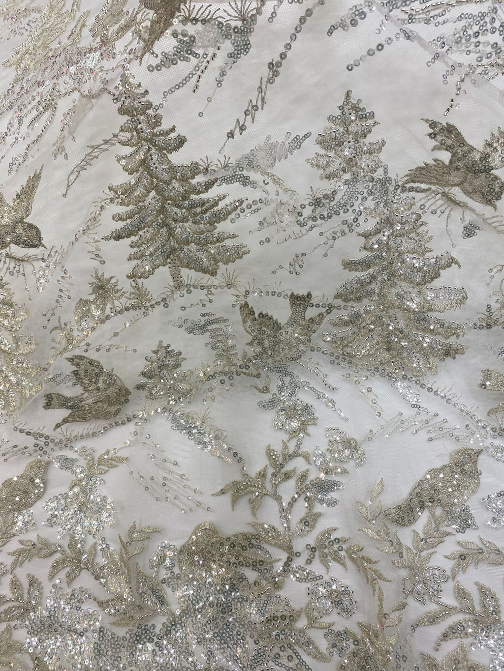 Forest-Inspired Silver-Thread Beaded Sequin Fabric — fabric photo 5