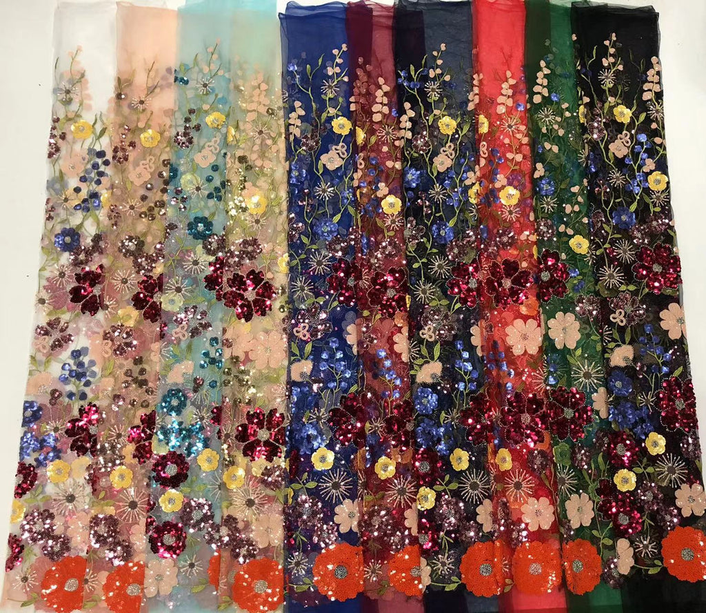 Multicolor Thread Bead & Sequin Embroidered Fabric — fabric photo 5