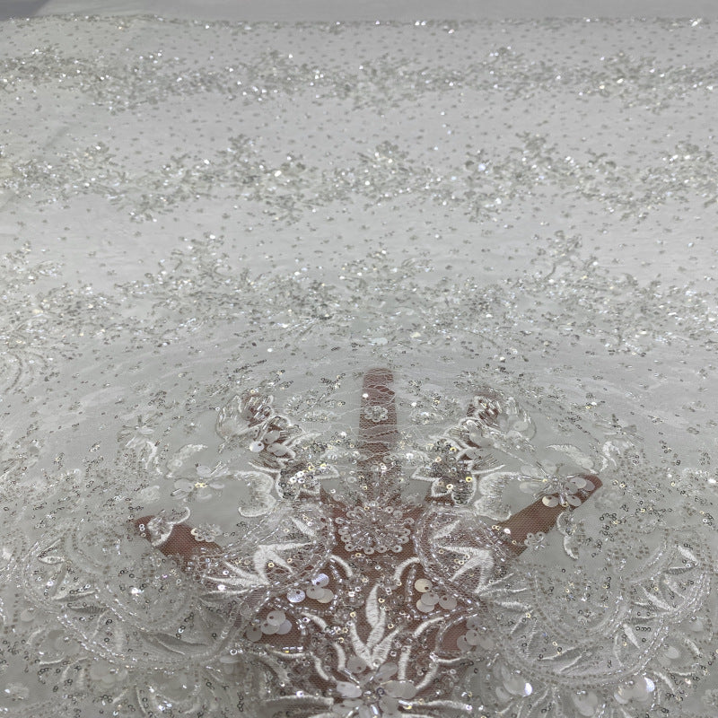 Heavy Sequin & Bugle-Bead Embroidered Lace Fabric — fabric photo 5