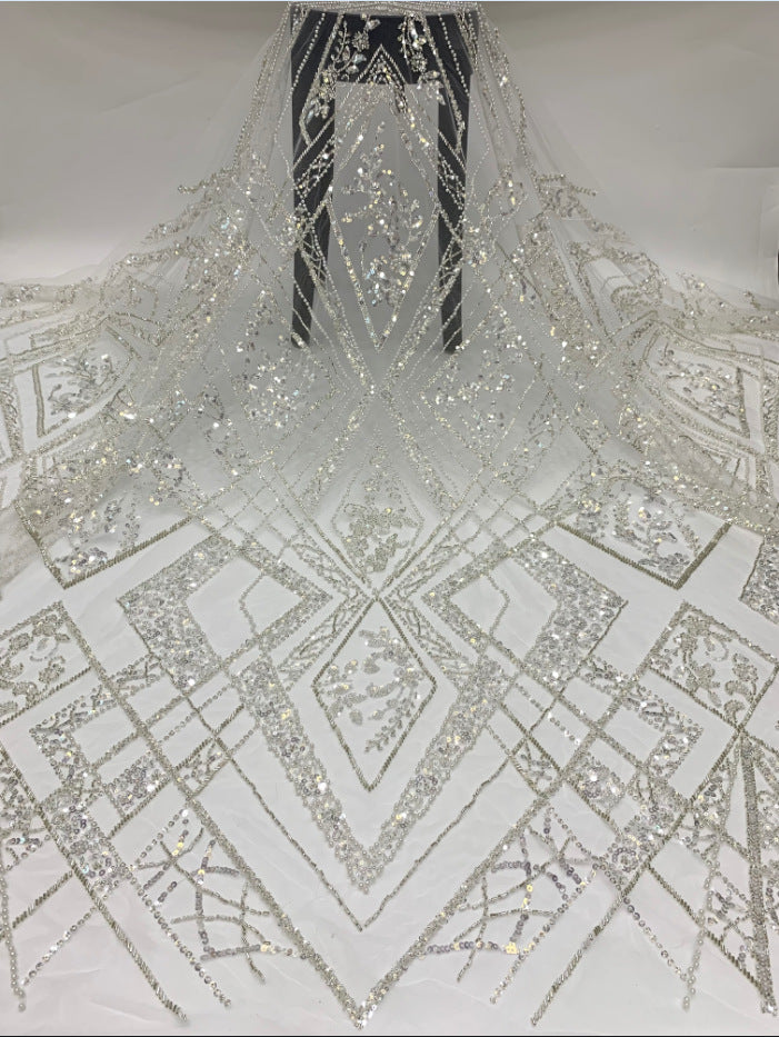 Heavy 3/5 mm Crystal-Look Sequin & Triple-Bead Embroidered Bridal Fabric – Design 99583