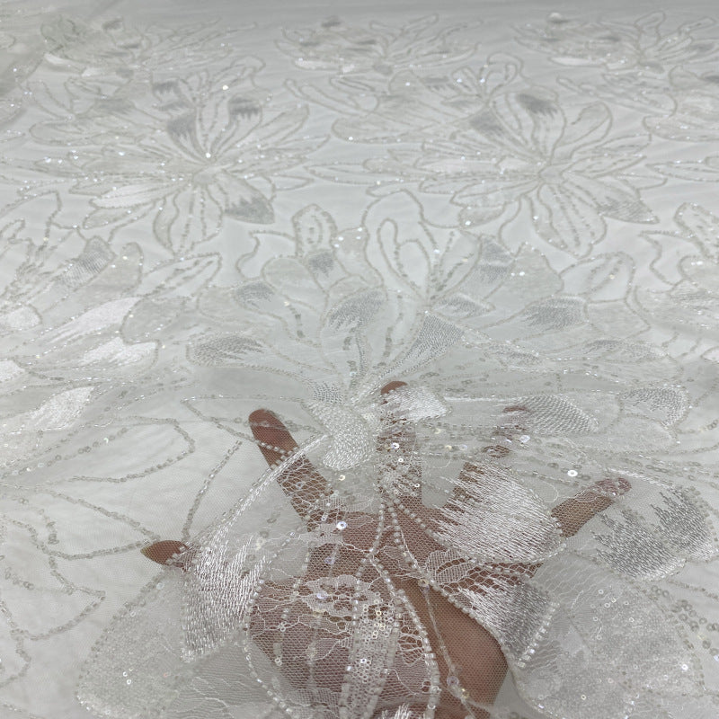 Large Floral Sequin & Laser-Cut Embroidered Lace Fabric — fabric photo 4