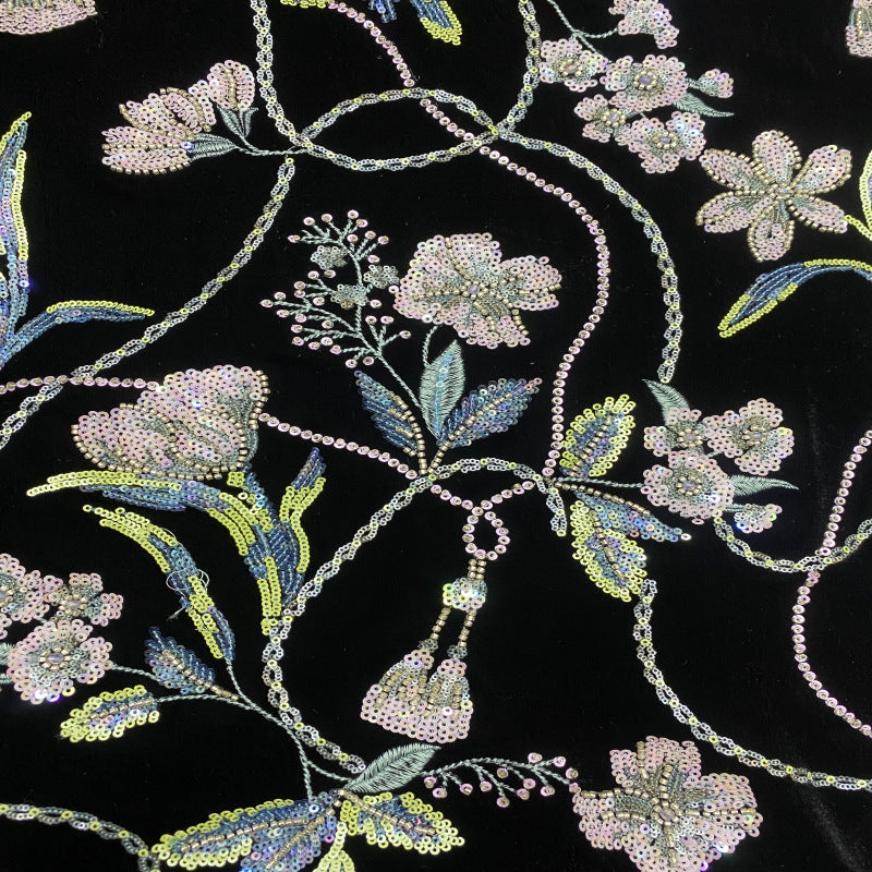 Velvet Embroidered Fabric with Beads and Sequins — fabric photo 2
