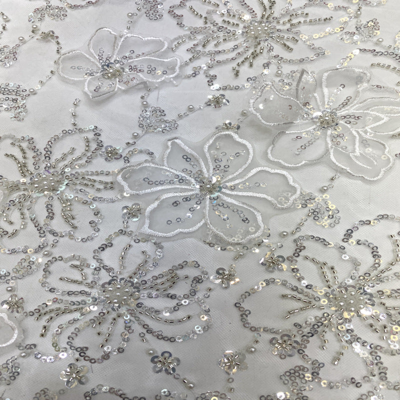 Laser Floral Applique Bead & Sequin Embroidered Fabric — fabric photo 5