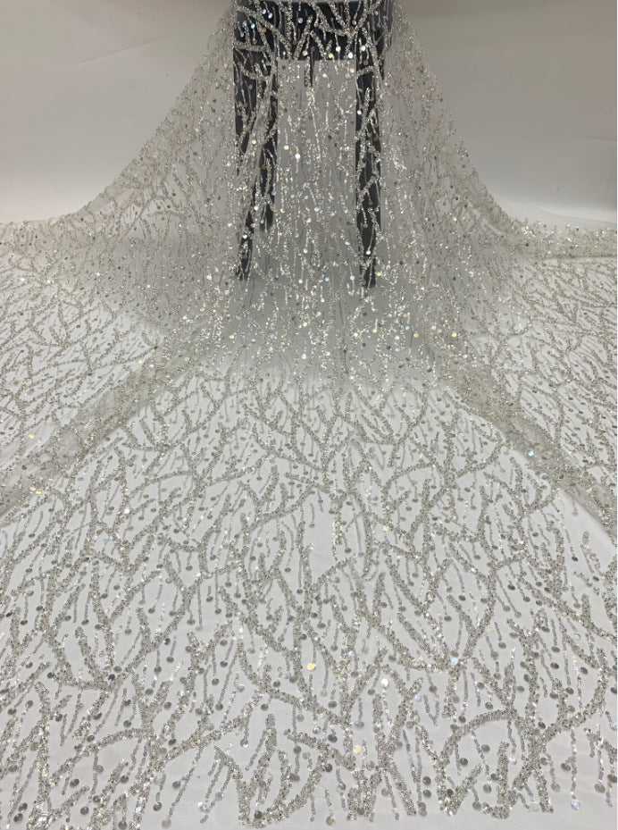 Fine 3/7 mm Crystal-Look Sequin & Silver-Bead Embroidered Bridal Fabric — fabric photo 6