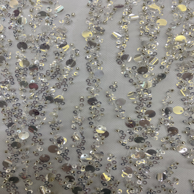 3/7 mm Sequin & Silver-Bead Embroidered Bridal Fabric – Design 46655 — fabric photo 5
