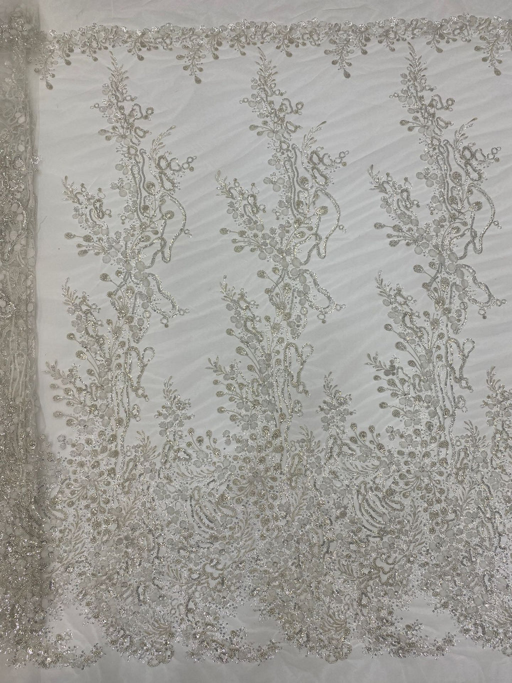 Silver Metallic Thread Beaded & Crystal Sequin Fabric — fabric photo 6