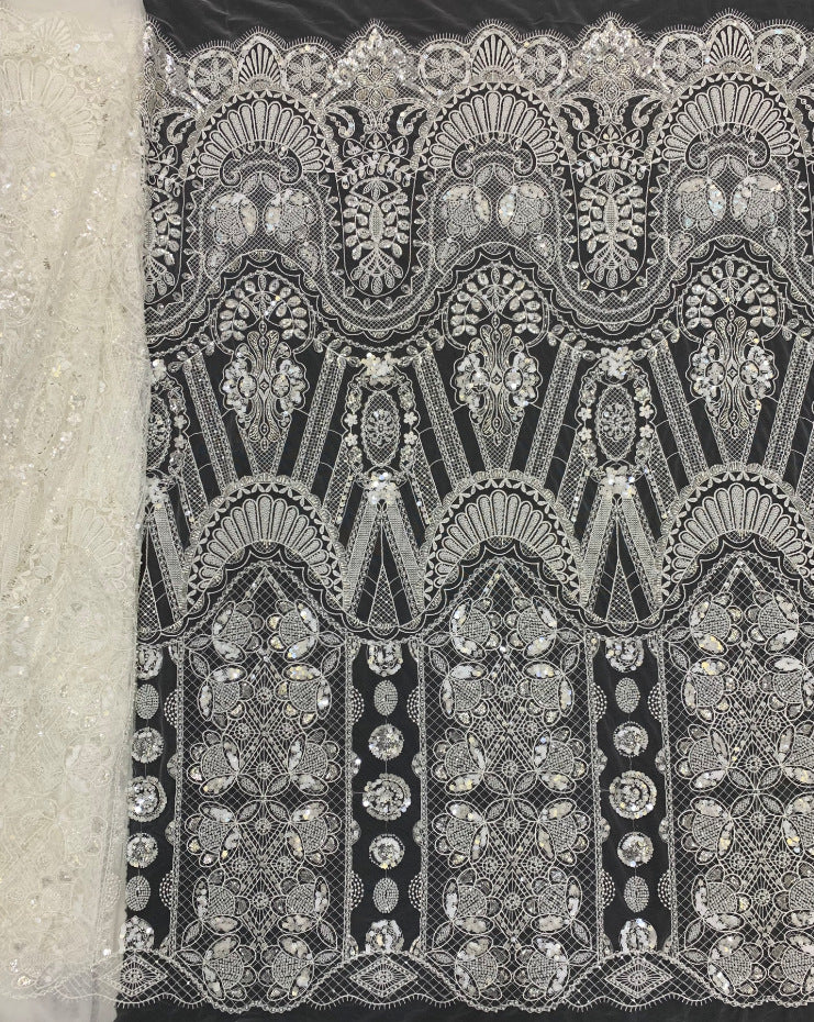 Fine 3/7 mm Sequin & Triple-Bead Embroidered Bridal Fabric