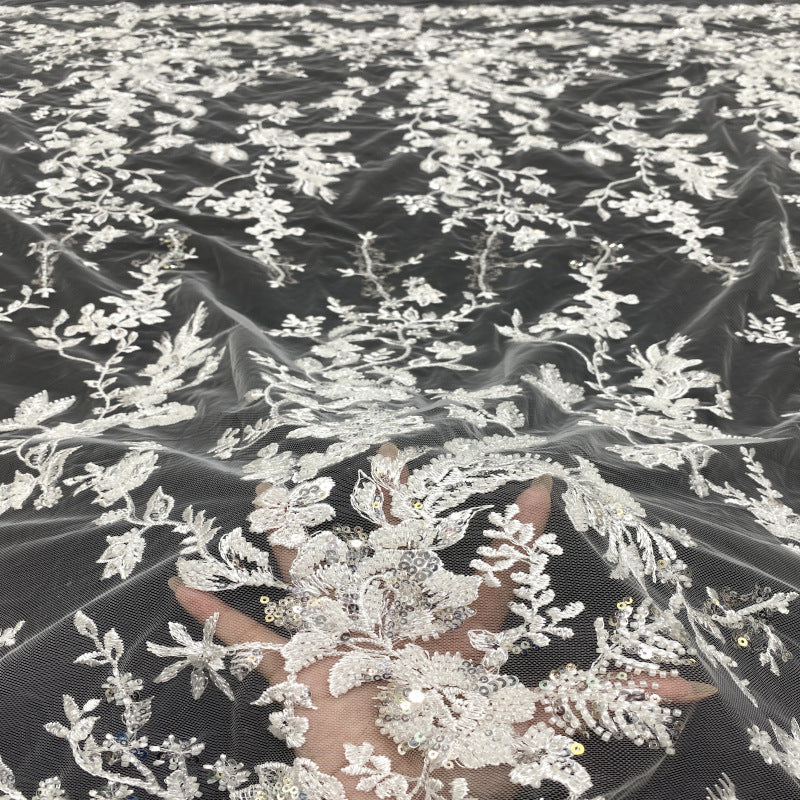 Symmetrical Floral Bead & Sequin Embroidered Fabric — fabric photo 2