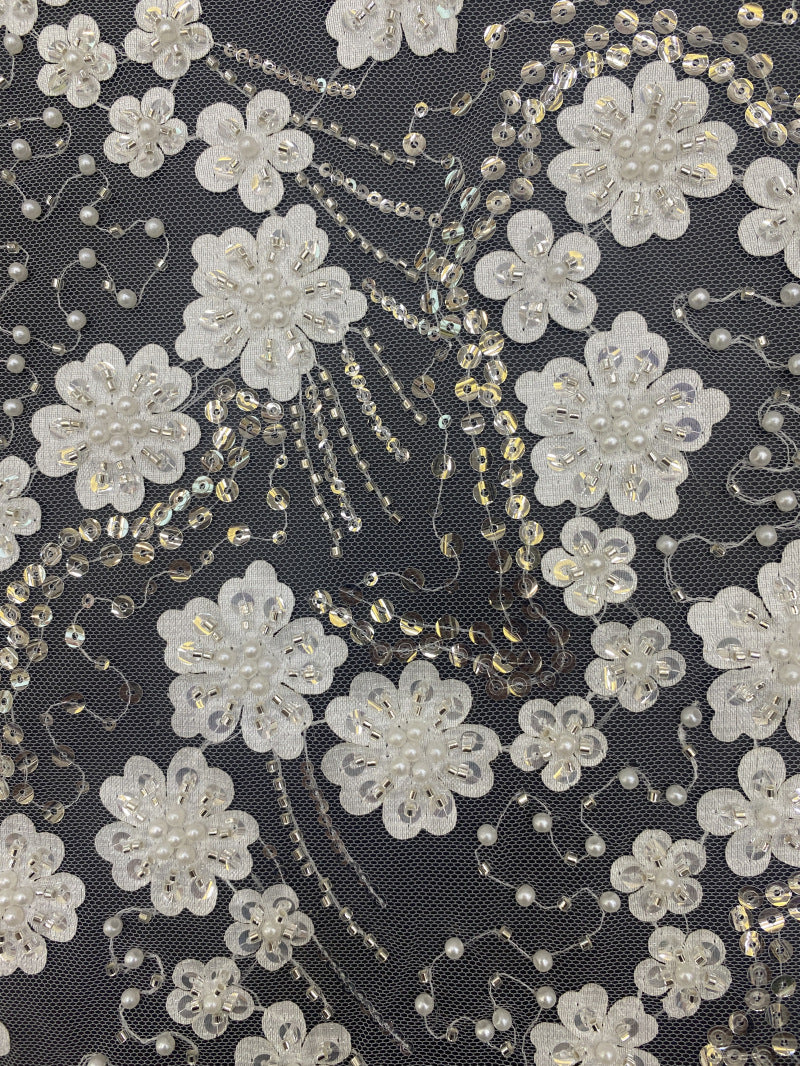 Geometric Floral Bead & Sequin Embroidery Fabric — fabric photo 3