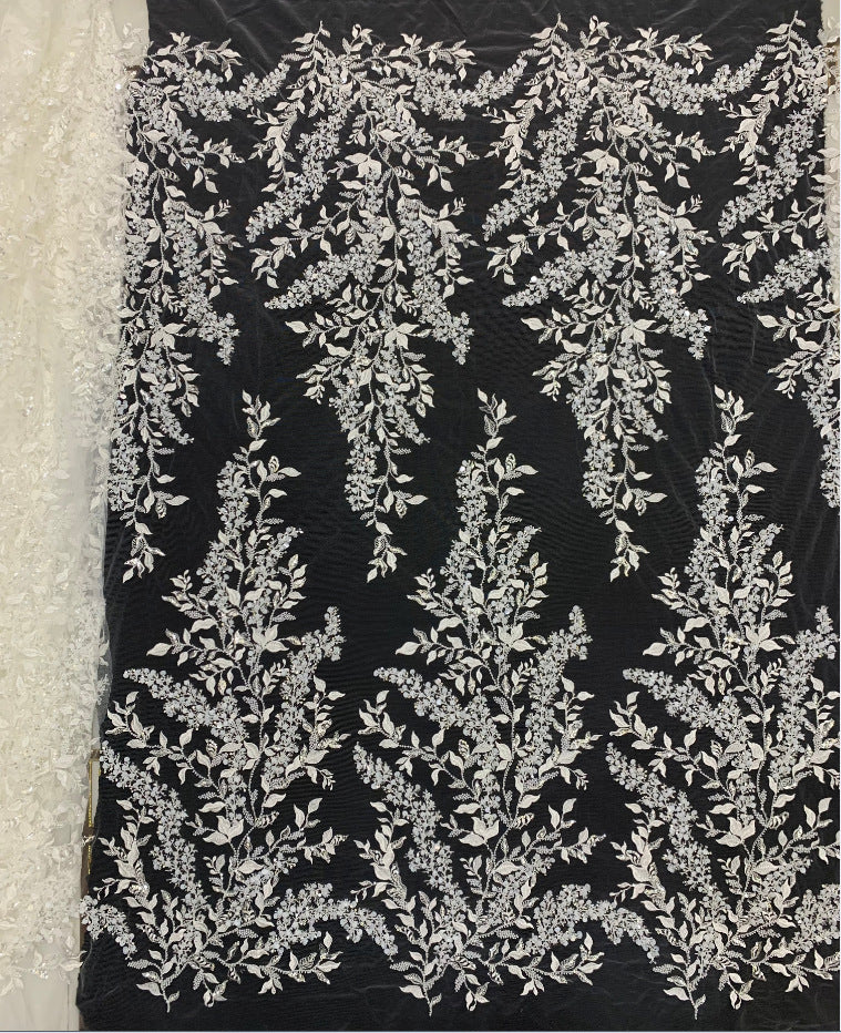 3D 3/7 mm Sequin & White-Core Bead Embroidered Bridal Fabric – Design 50591