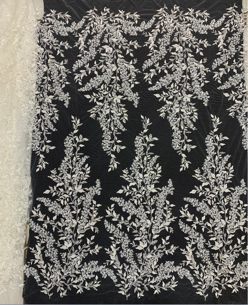 3D 3/7 mm Sequin & White-Core Bead Embroidered Bridal Fabric – Design 50591