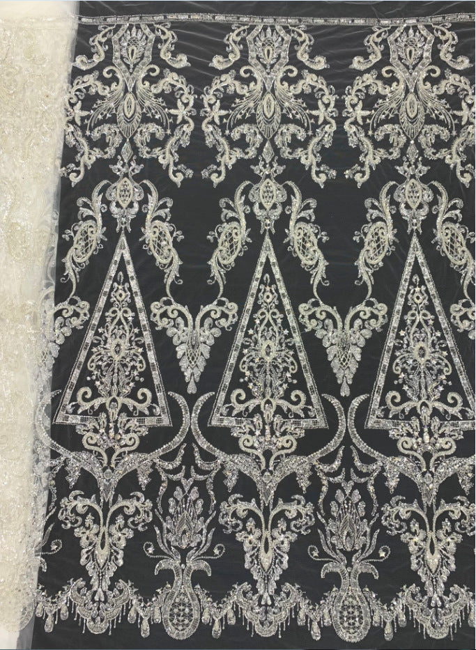2/4 mm Crystal-Look Sequin & Silver-Bead Embroidered Bridal Fabric – Design 09151 — fabric photo 2