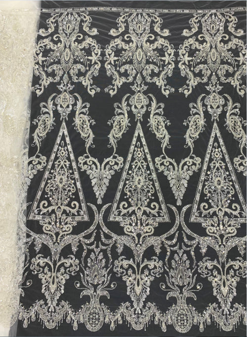 2/4 mm Crystal-Look Sequin & Silver-Bead Embroidered Bridal Fabric – Design 09151 — fabric photo 2