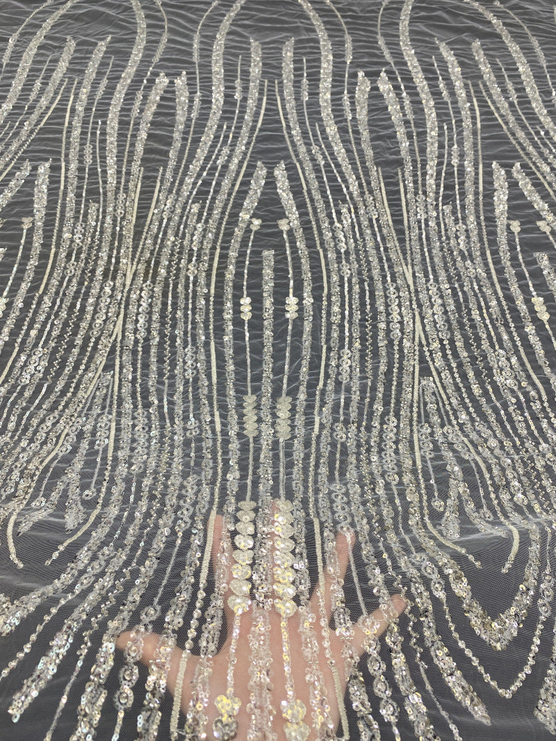 3/5 mm Crystal-Look Sequin & Silver-Bead Embroidered Bridal Fabric — fabric photo 2