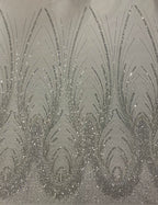 3D 3/5 mm Crystal-Look Sequin & Silver-Bead Embroidered Bridal Fabric – Design 72575 — fabric photo 2
