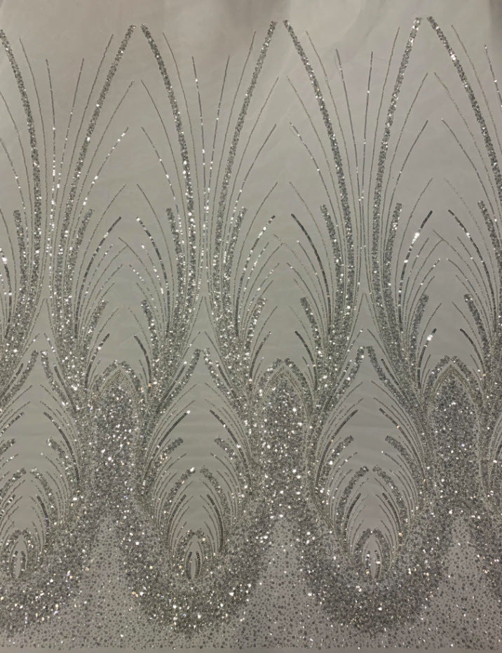3D 3/5 mm Crystal-Look Sequin & Silver-Bead Embroidered Bridal Fabric – Design 72575 — fabric photo 2