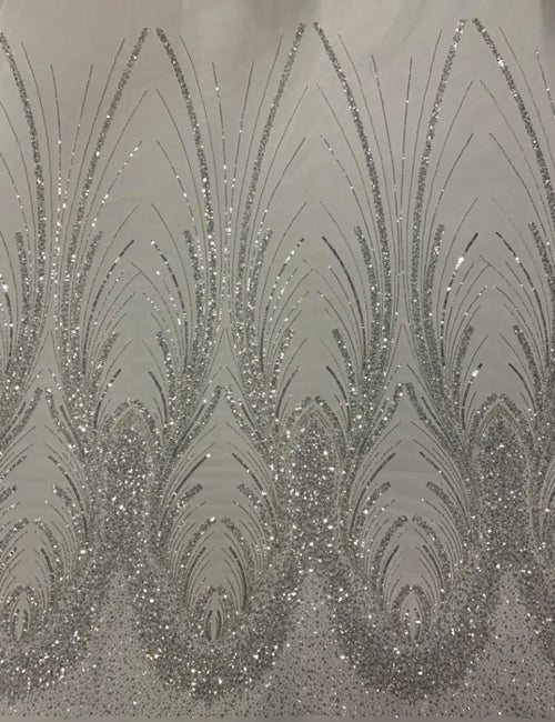 3D 3/5 mm Crystal-Look Sequin & Silver-Bead Embroidered Bridal Fabric – Design 72575 — fabric photo 2