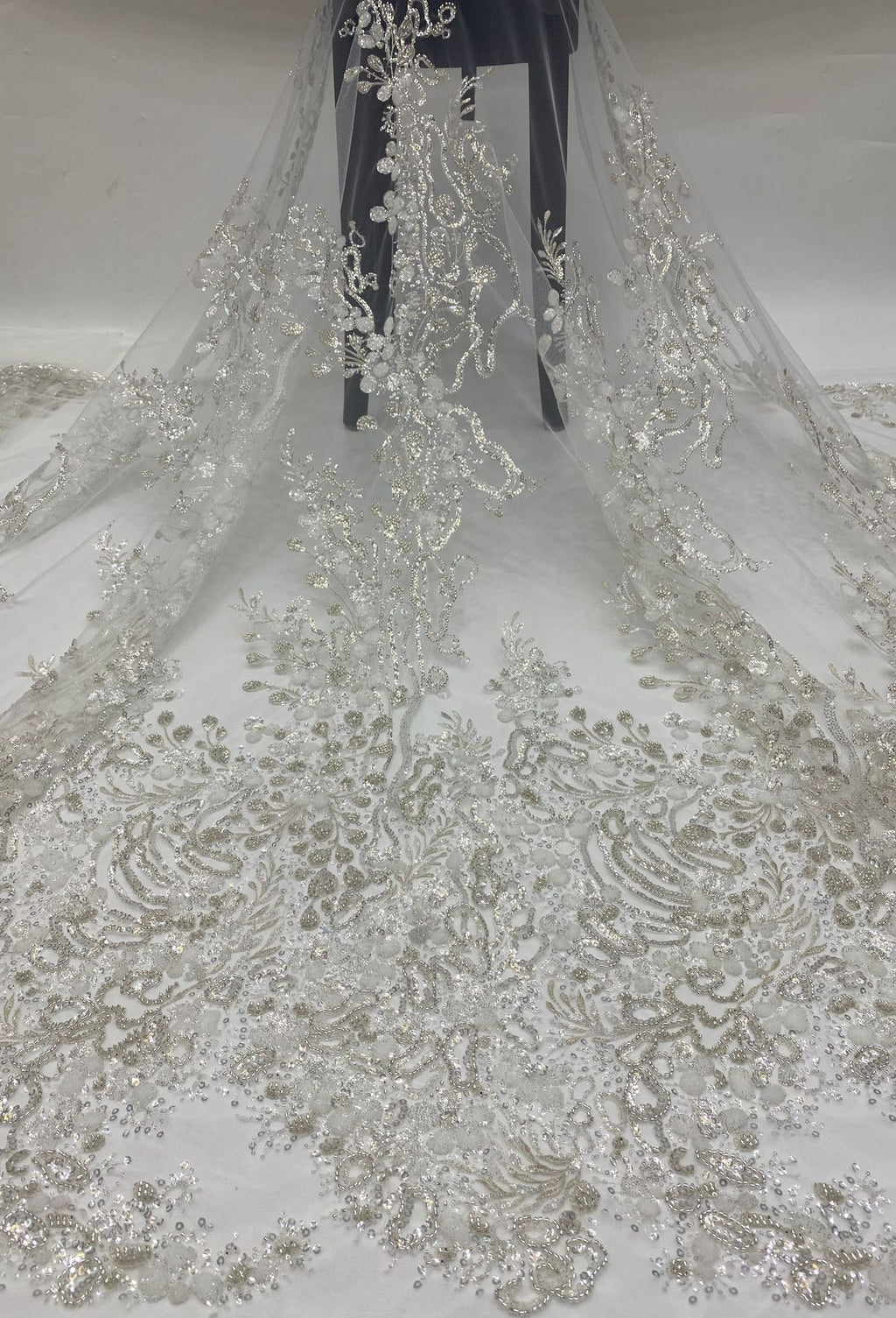 Silver Metallic Thread Beaded & Crystal Sequin Fabric