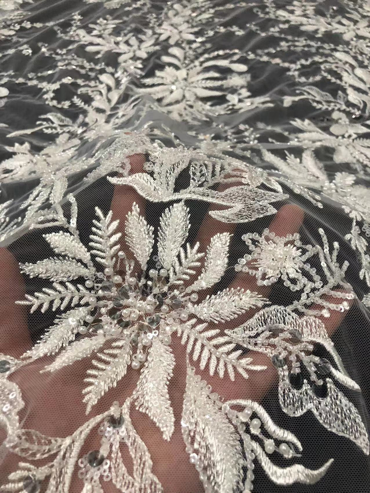 White-Core Bead & 3/7 mm Sequin Embroidered Fabric — fabric photo 5