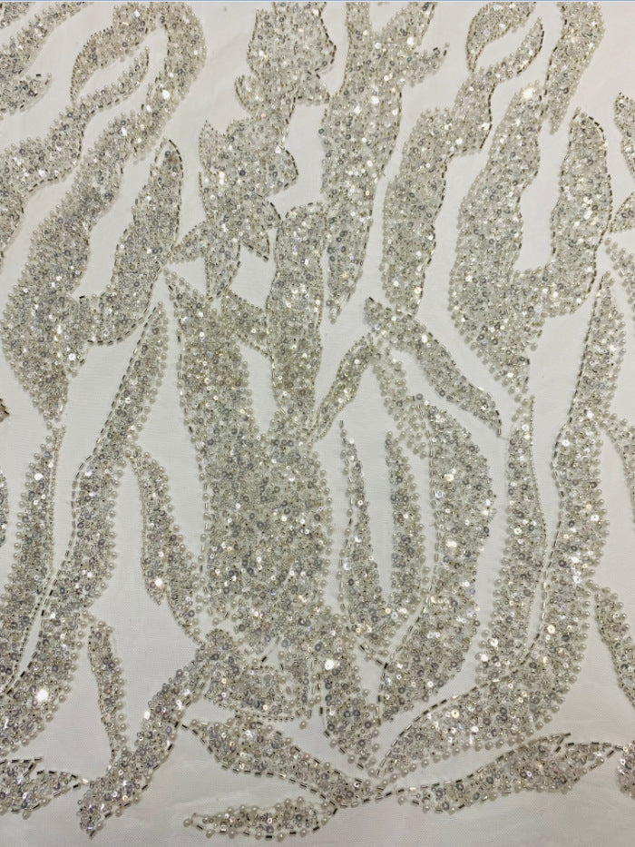 Heavy Diamond Grid 3/5 mm Crystal-Look Sequin & Triple-Bead Embroidered Bridal Fabric — fabric photo 3