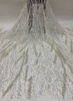 Draped light sheer fabric with densely worked silver botanical bead and sequin embroidery
