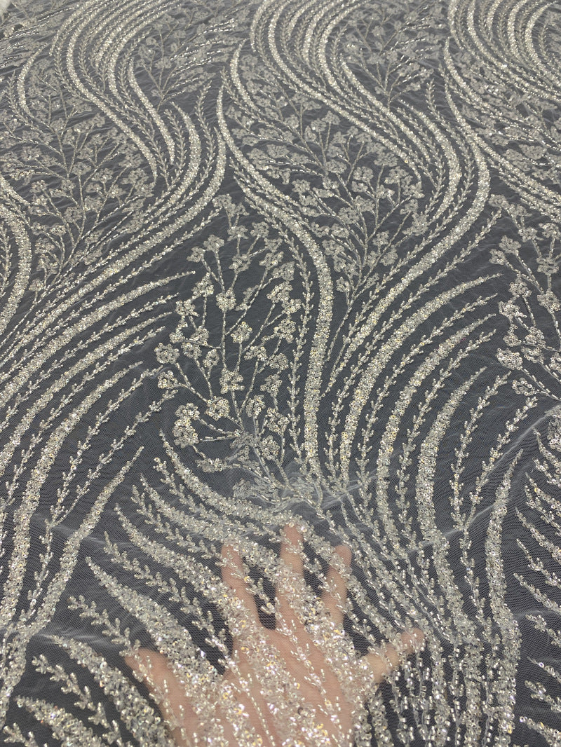 Wavy Bugle Bead & 3/4mm Sequin Embroidery Fabric — fabric photo 2