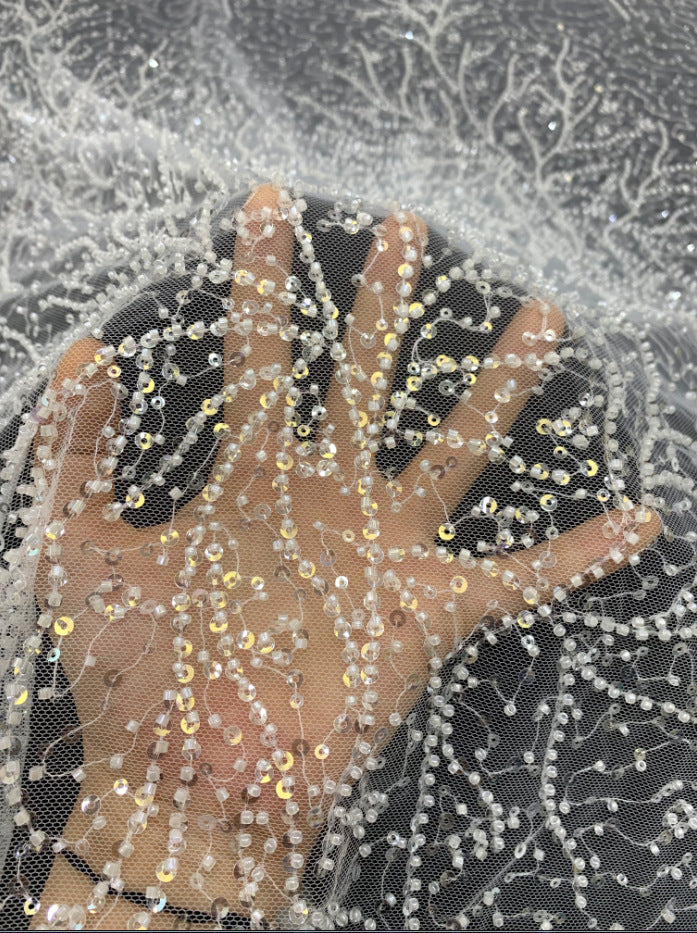 3/4 mm Crystal-Look Sequin & Double-Bead Embroidered Irregular Mesh Fabric — fabric photo 2