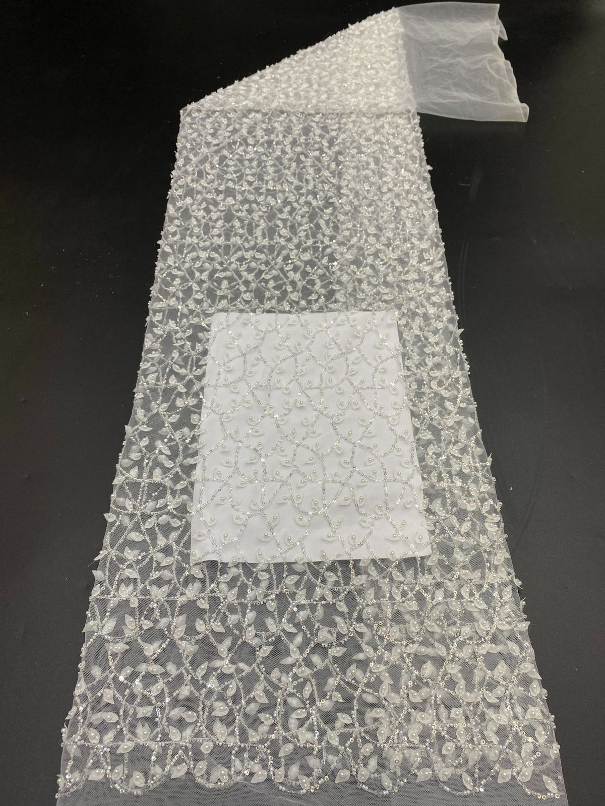 Laser-Cut Leaf Applique Bead and Sequin Embroidery Fabric — fabric photo 6