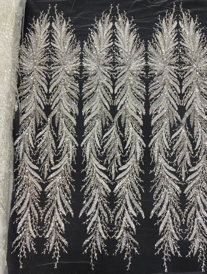 Silver Raised-Bead and 3/5 mm Crystal Sequin Bridal Fabric — fabric photo 5