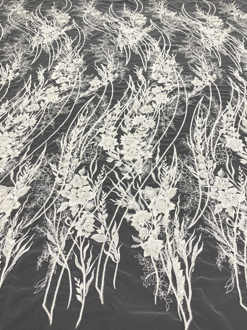 Floral Bead & Sequin Embroidered Bridal Fabric — fabric photo 6