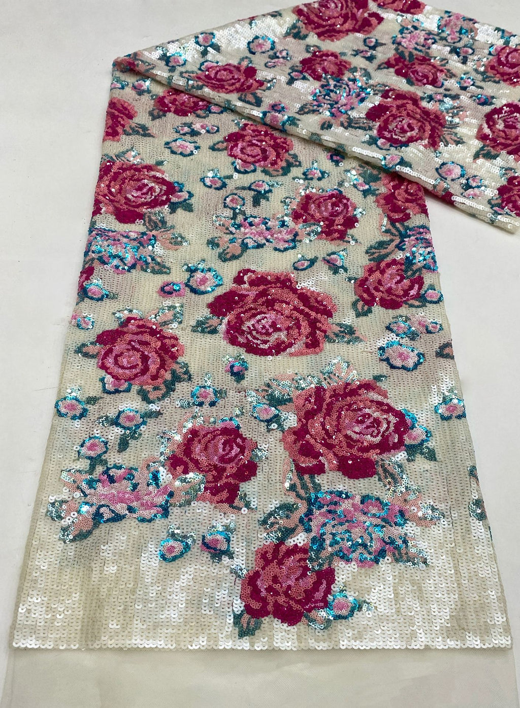 Peony Motif Colorful Laminated Sequin Fabric — fabric photo 6