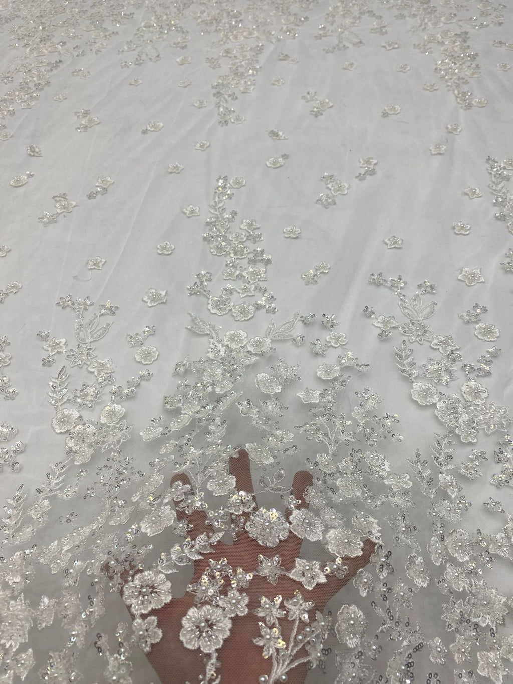3D Symmetrical Floral Foam Bead & 3mm Sequin Fabric — fabric photo 5