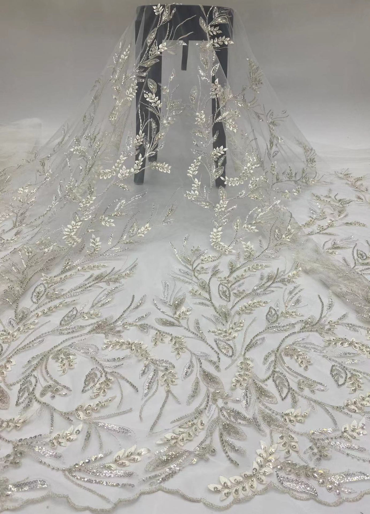 Laser-Cut Floral Silver Bead & Crystal Sequin Fabric