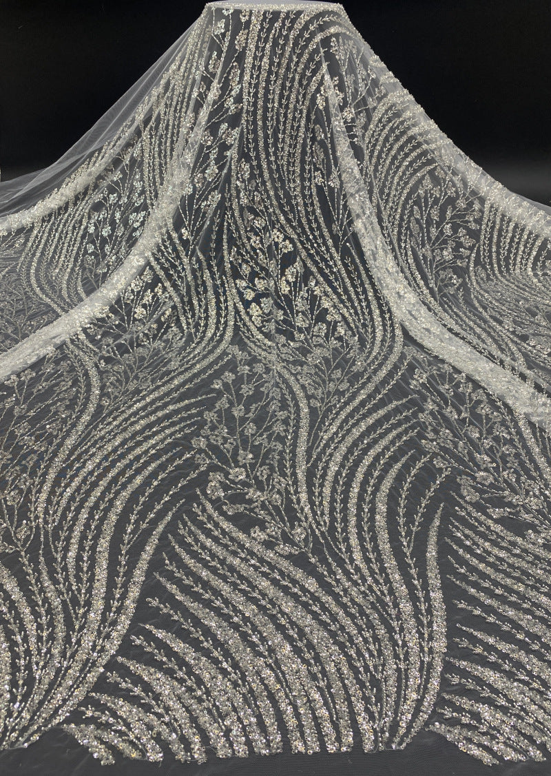 Wavy Bugle Bead & 3/4mm Sequin Embroidery Fabric — fabric photo 6