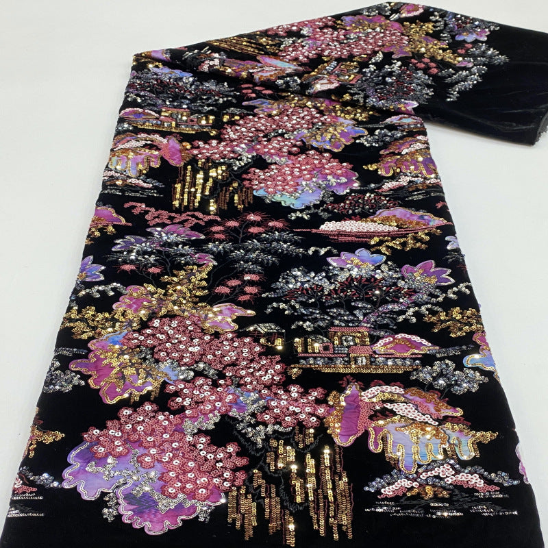 Landscape Embroidery & Sequin Velvet Fabric