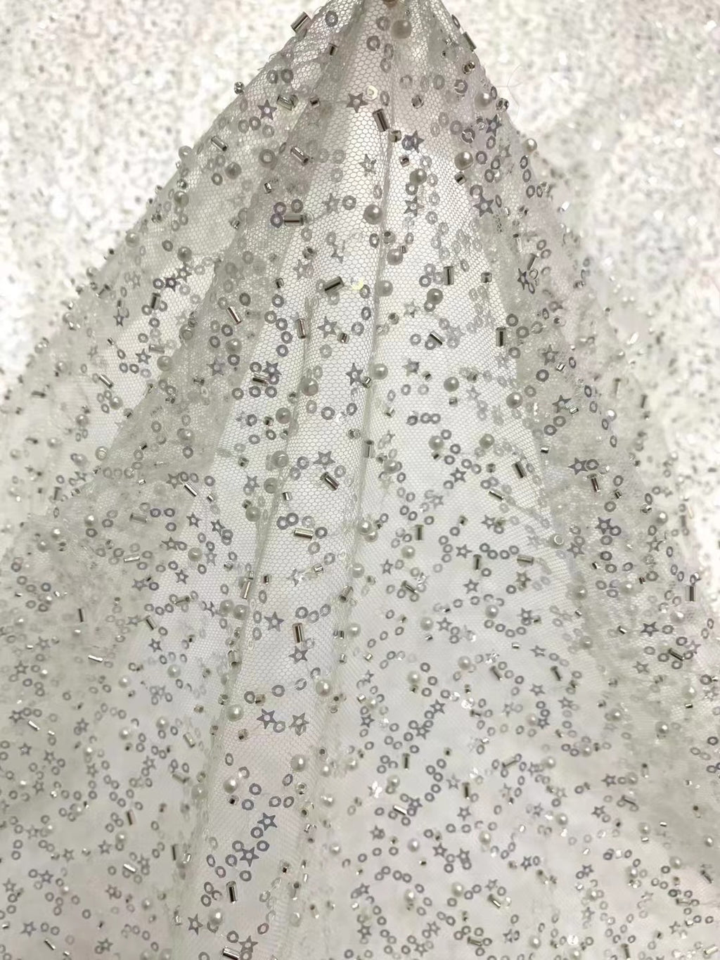 Crystal-Look Sequin & Triple-Bead Embroidered Bridal Fabric