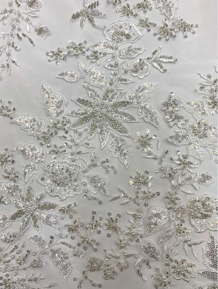 3/4 mm Crystal-Look Sequin & Double-Bead Embroidered Bridal Fabric — fabric photo 3