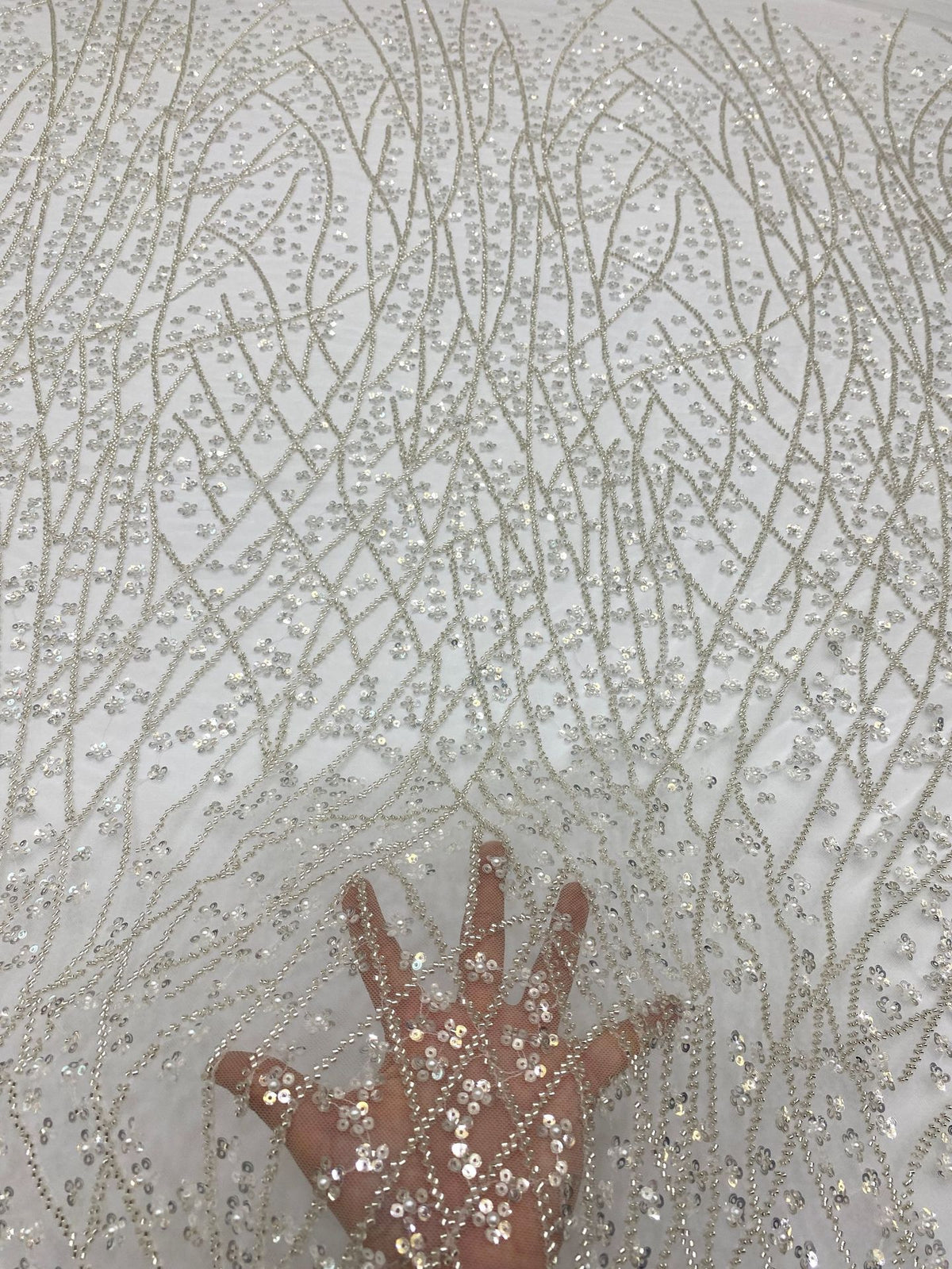Silver Bead & 3/4mm Crystal Sequin Bridal Fabric — fabric photo 4