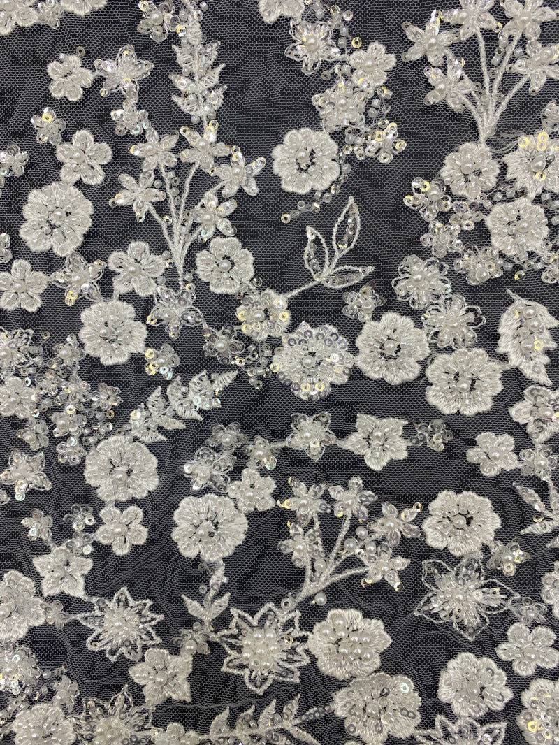 3D Symmetrical Floral Foam Bead & 3mm Sequin Fabric — fabric photo 3