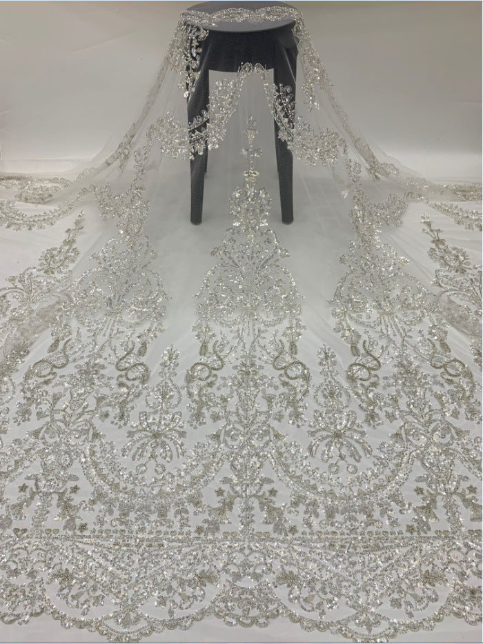 3 mm Crystal-Look Sequin & Silver-Bead Embroidered Bridal Fabric