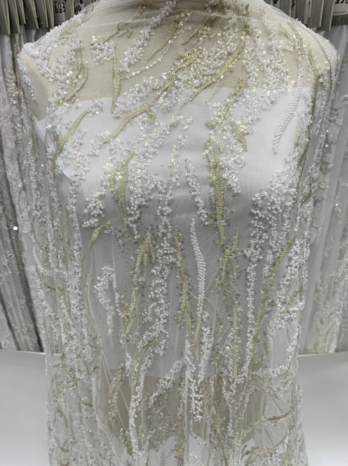 3 mm Crystal-Look Sequin & White-Core Bead Embroidered Bridal Fabric — fabric photo 3