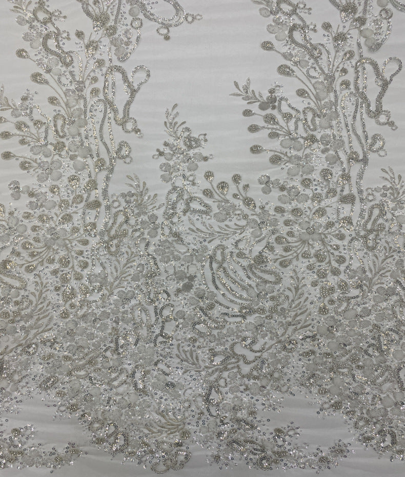 Silver Metallic Thread Beaded & Crystal Sequin Fabric — fabric photo 3