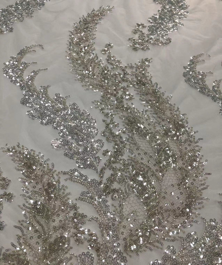 White and Silver Bead Embroidery with 3/4 mm Sequins — fabric photo 5