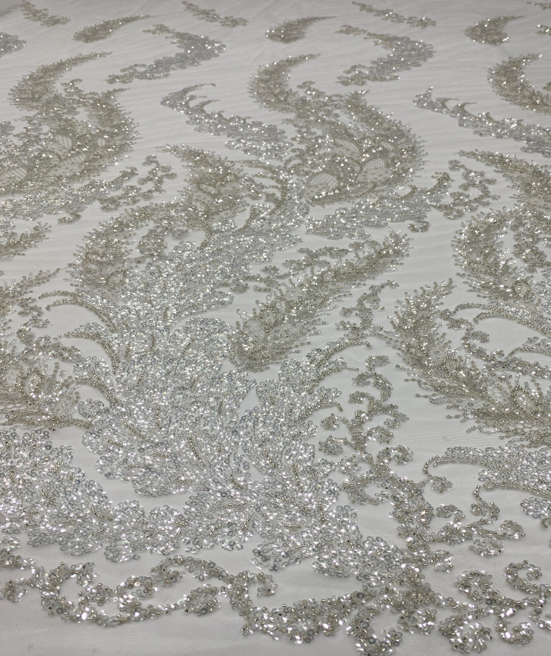 White and Silver Bead Embroidery with 3/4 mm Sequins — fabric photo 2