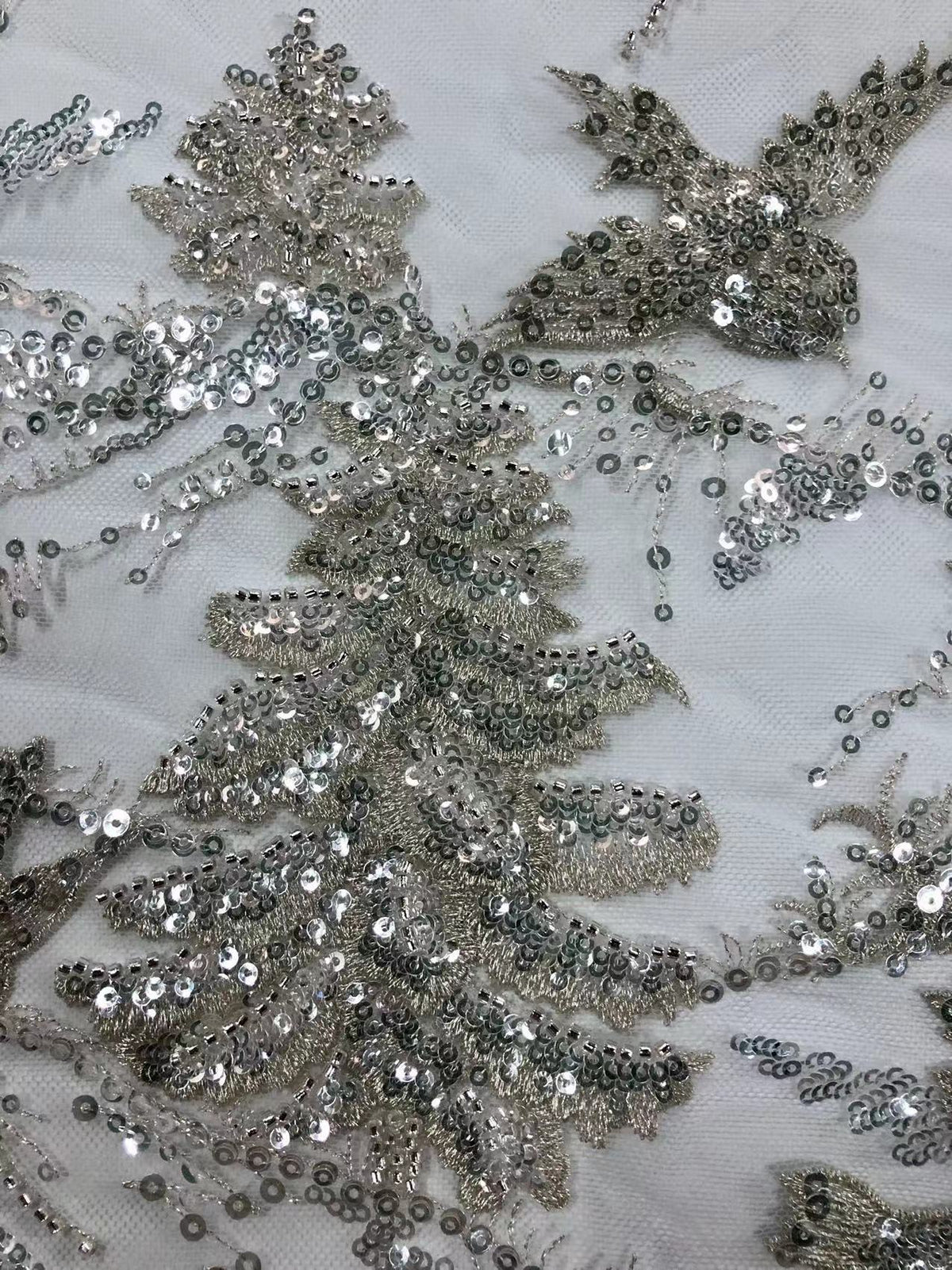 Forest-Inspired Silver-Thread Beaded Sequin Fabric — fabric photo 4