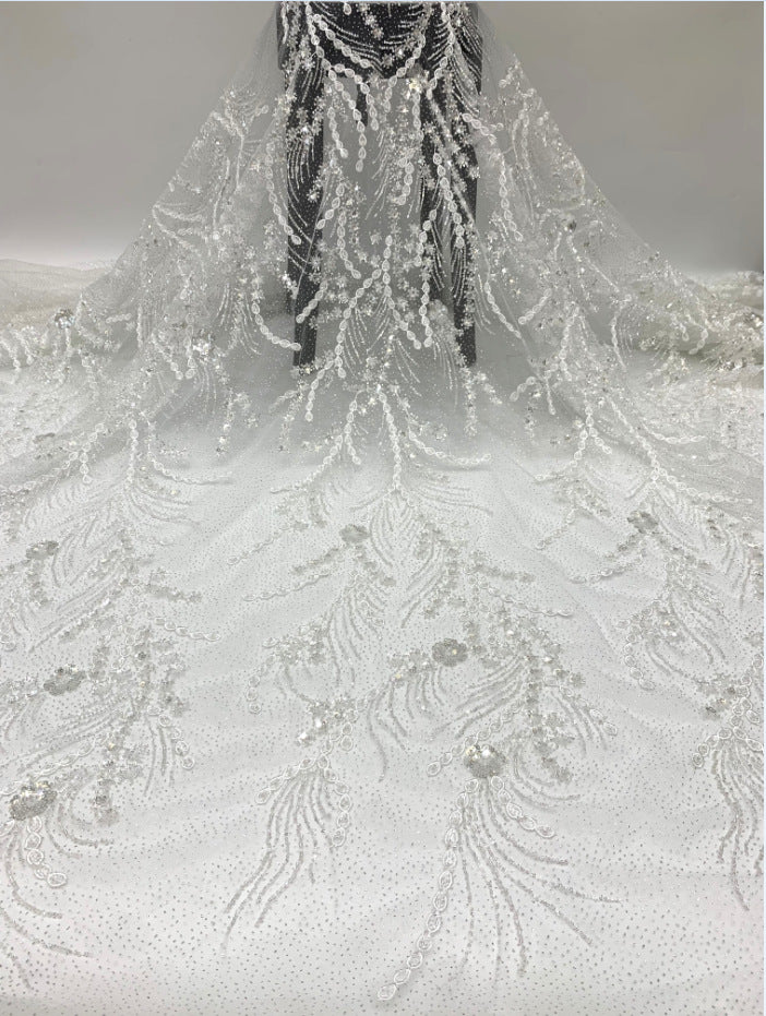 2/4 mm Crystal-Look Sequin & Double-Bead Embroidered Bridal Fabric – Design 19455