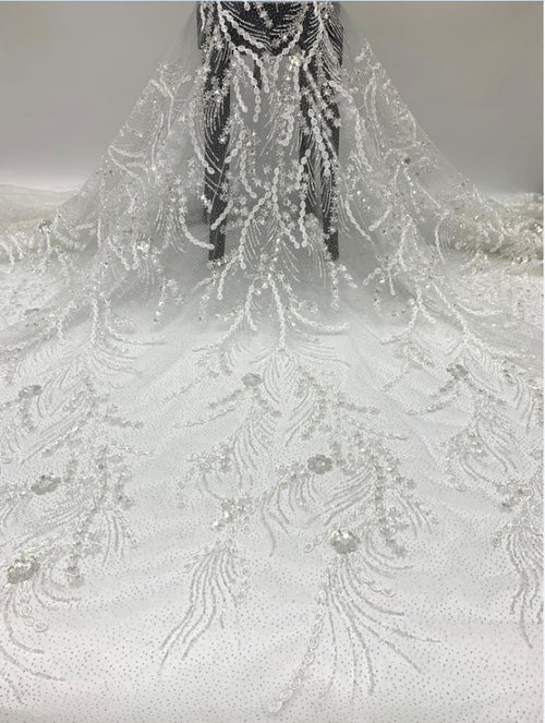 2/4 mm Crystal-Look Sequin & Double-Bead Embroidered Bridal Fabric – Design 19455